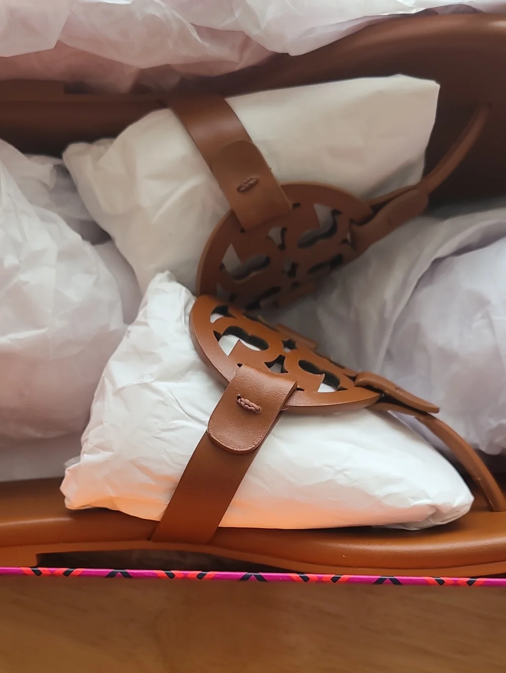 NWT Tory Burch Miller A-With Women's Calf Leather Bourbon Miele Tan Sandals Sz 8
